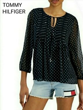 Tommy Hilfiger Polka Dot Tie-Front Blouse 3/4 Sleeve Top